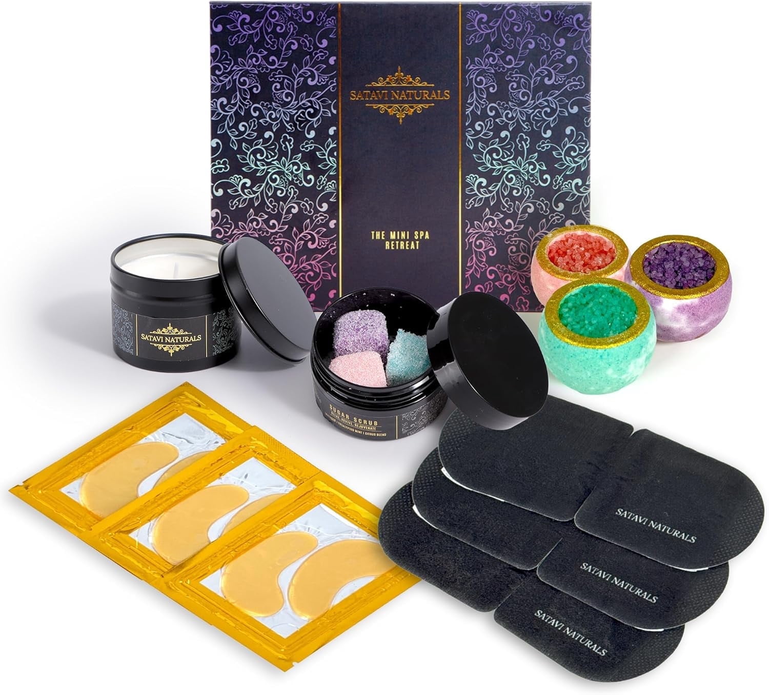 Satavi Naturals The Mini Spa Retreat - Home Spa Kit Including 24K Gold Eye Mask, Bath Bombs & Sugar Scrubs, Candle & Self-Heating Steam Eye Mask - Pampering, Relaxation & Self Care Gifts for Women