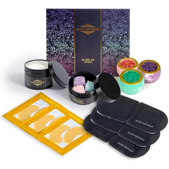 Satavi Naturals The Mini Spa Retreat - Home Spa Kit Including 24K Gold Eye Mask, Bath Bombs & Sugar Scrubs, Candle & Self-Heating Steam Eye Mask - Pampering, Relaxation & Self Care Gifts for Women