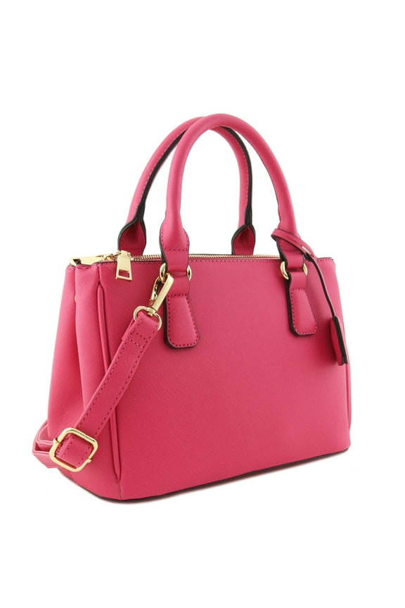 2pcs Set Classic Triple Zip Top Handle Small Satchel Bag with Zip Around Wallet (Fuchsia)