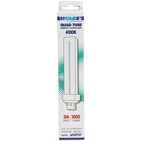 Satco S8340 Hygrade Dual Tube Compact Fluorescent Lamp  T4  26 Watts  4100K  82 Cri  G24Q-3 Base