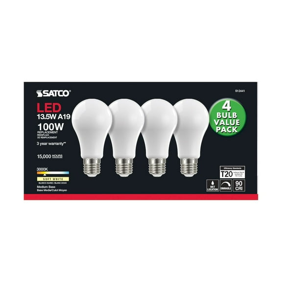 Satco 13.5 Watt A19 LED - 100 Watt Replacement - Soft White - Medium base - 3000K (4 Pack)