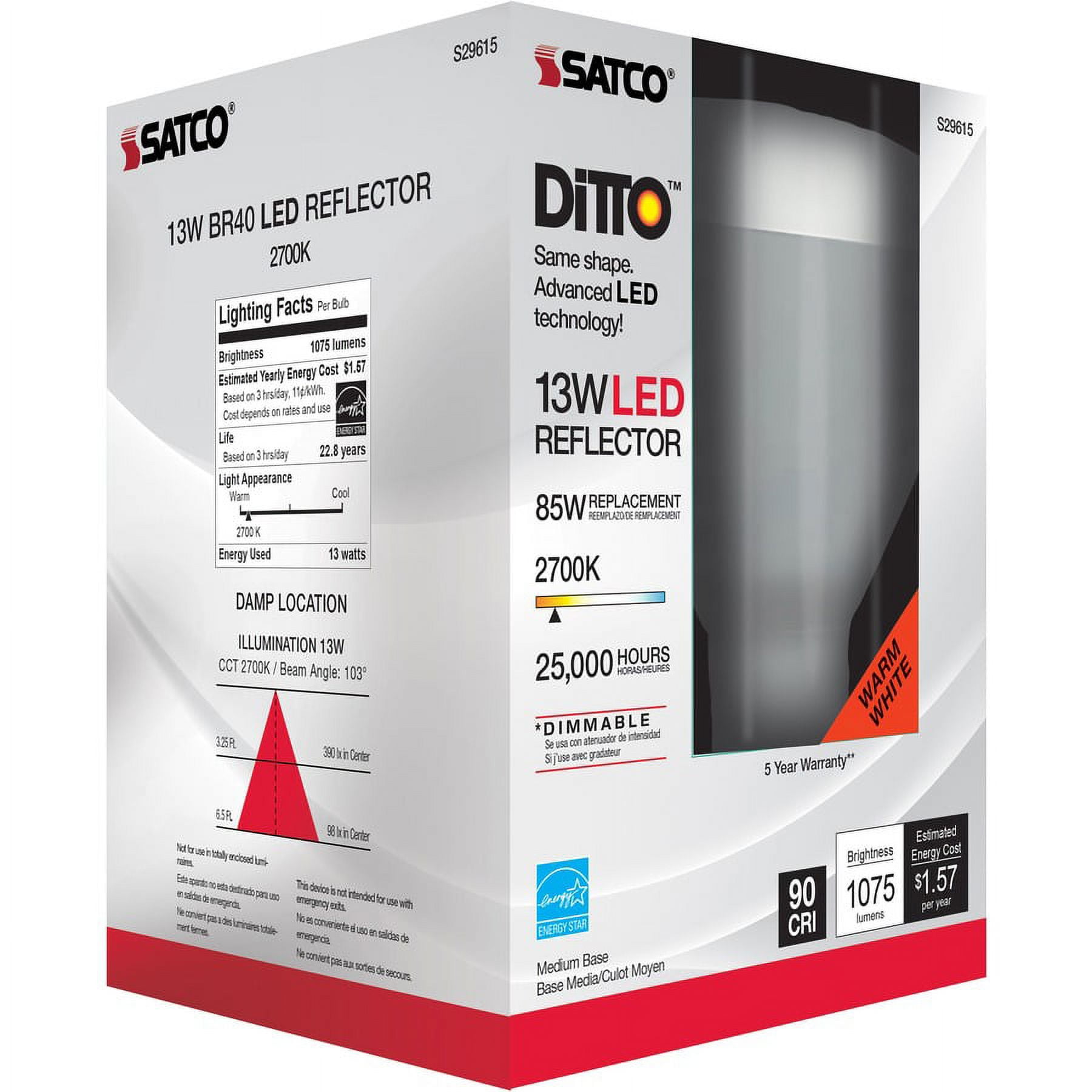 Satco 13W BR40 LED 2700K Bulb - 13 W - 85 W Incandescent Equivalent Wattage - 120 V AC - 1075 lm - BR40 Size - Frosted White - Warm White Light Color | Bundle of 2 Each