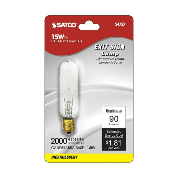 Satco S4727 - 15 watt T6 Incandescent; Clear; 2000 average rated hours; 90 lumens; Candelabra base; 145 volts