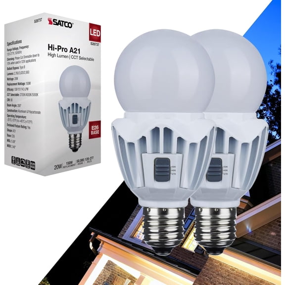 Satco 2 Pack S28737 20WA21/LED/3CCT/120-277V 20 Watt LED A21; High Lumen Output; 27K/40K/50K CCT Selectable; Medium Base; White Finish; 120V-277V; Ideal for Wide Areas, Commercial, Residential