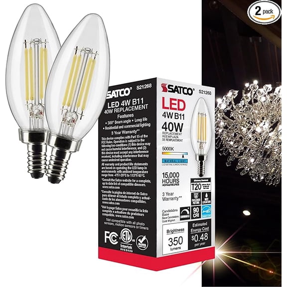 Satco 4B11/LED/950/CL/120V/E12 - Part Number S21268-4 Watt LED B11 Bulb with Clear Finish, 90 CRI, 5000K Natural Light, 120 Volt (2 Pack)