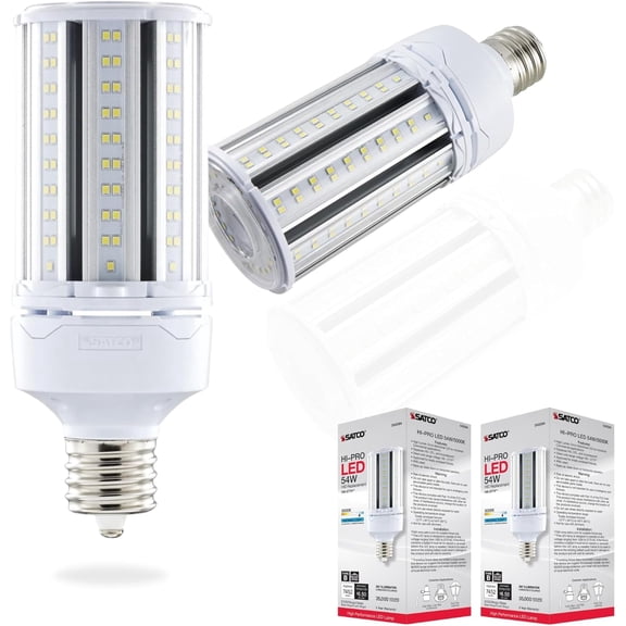 Satco 54 Watt LED HID Replacement High Lumen Corn Cob Bulbs - 5000K - Extended Mogul Base - Type B Ballast Bypass - 2 Pack