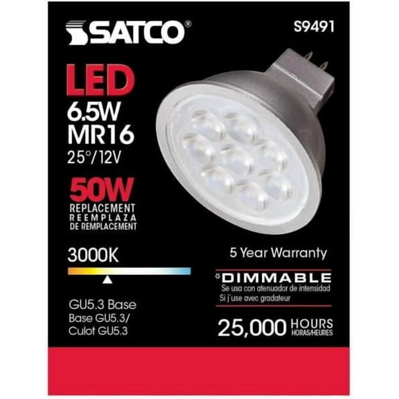 Satco 6.5MR16/LED/25'/30K/12V 6.5 Watt; LED MR16 LED; 3000K; 25 deg. Beam Angle; GU5.3 base; 12 Volt AC/DC 12pk
