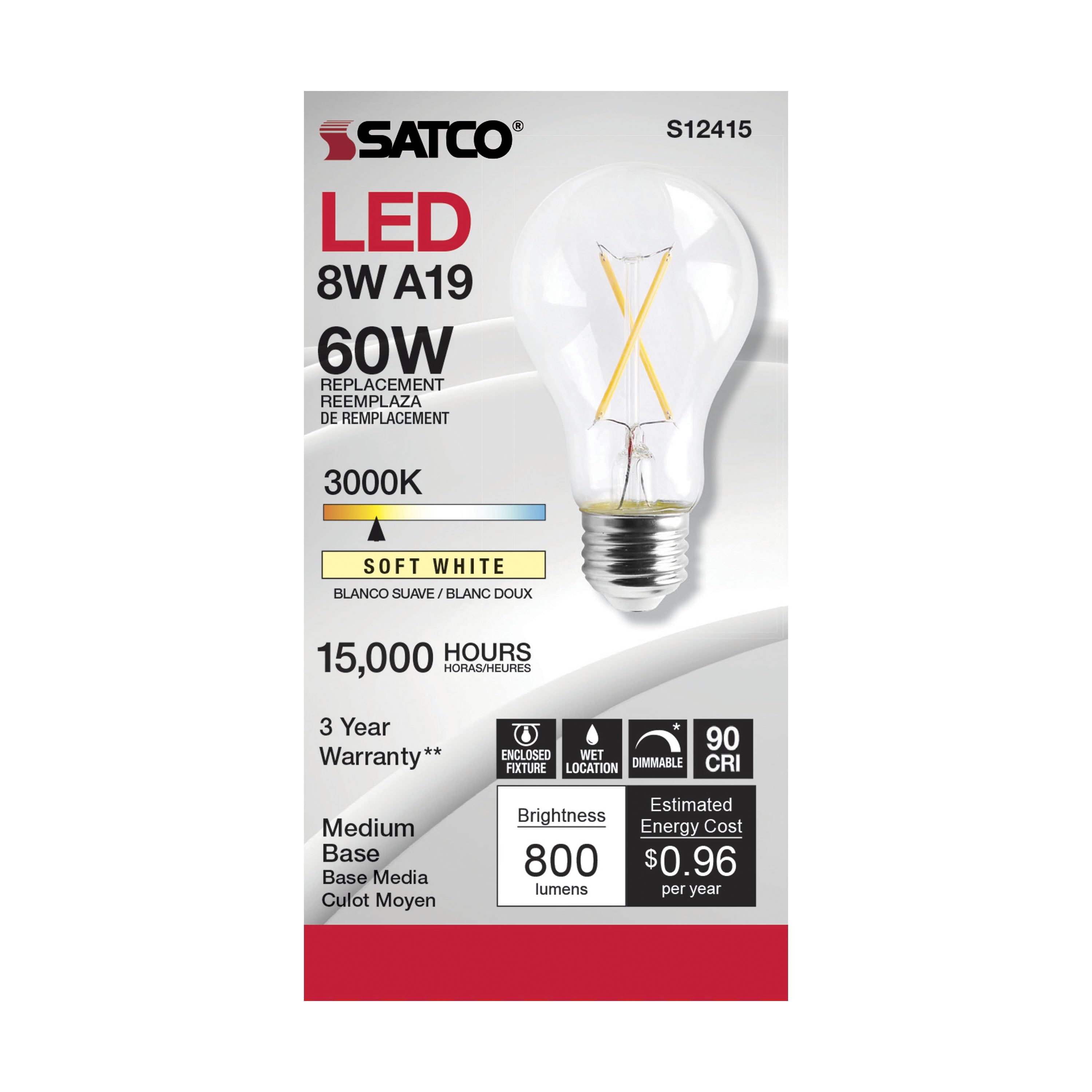 Satco (6 Pack) Dimmable Led Filament Lamps, S12415, High Lumens, 8 Watt, A19; Clear; Medium Base; 3000K; 90 Cri; 120 Volt for use at Residential, Hospitality, Display and Commercial