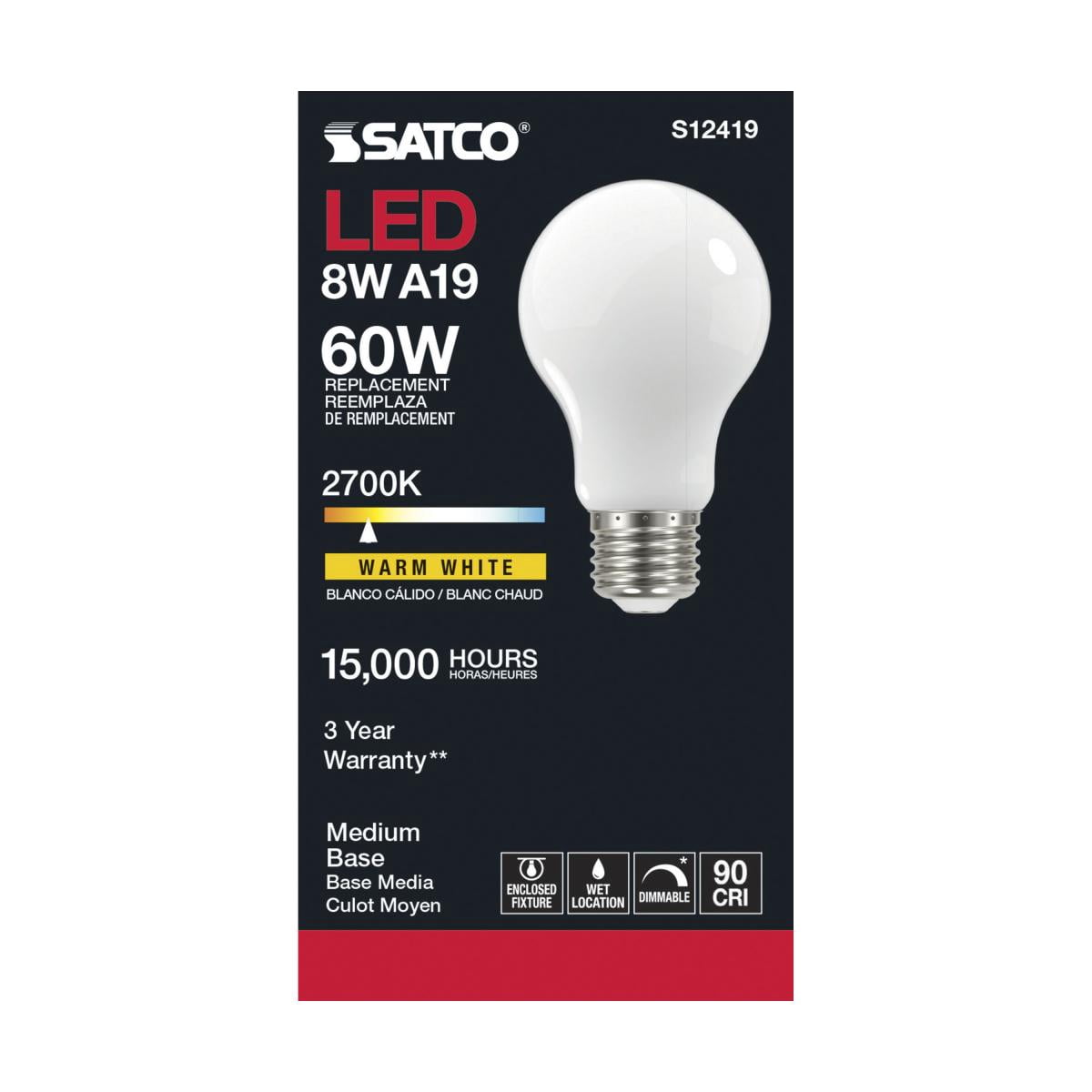 SATCO S12419 A19 LED Bulbs 8W 120V 2700K E26 Medium Base Frosted Finish Dimmable (6 Pack)