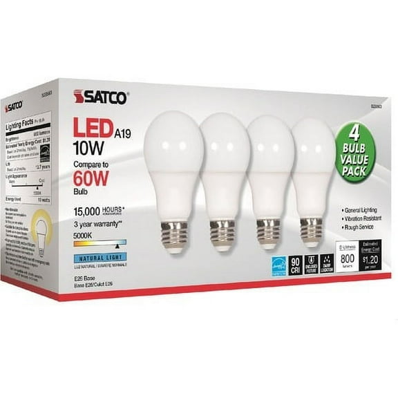 Satco 10W A19 LED 5000K Light Bulbs 10 W - 60 W Incandescent Equivalent Wattage - 120 V AC - 800 lm - A19 Size - Frosted White - Natural Light Light Color - E26 Base - 15000 Hour - 8540.3F (4726.
