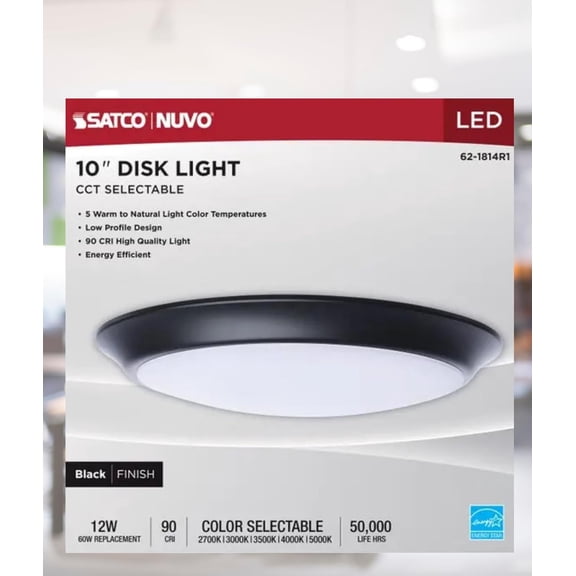 Satco 62-1814R1 10 Inch LED Disk Light CCT Selectable 2700K-5000K 1000 Lumen 12W Dimmable Black Finish Energy Star (1 Pack)