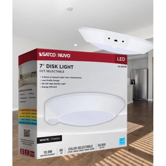 Satco 62-1820R1 LED Disk Light with Occupancy Sensor 7" White CCT Selectable 2700K-5000K 900 Lumen 10.9W 120V 90 CRI Damp Rated