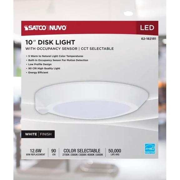 Satco 62-1821R1 10" White LED Disk Light CCT Selectable 2700K-5000K 1060 Lumen 12.6W 120V Dimmable DAMP Location (1 Pack)