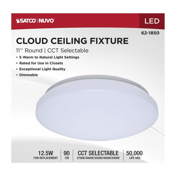 Satco 62-1850 LED Cloud Fixture 11" 12.5W 120V CCT Select Round White (1 Pack)