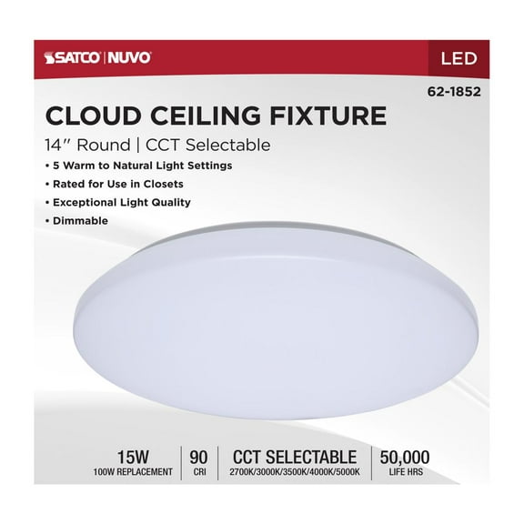Satco 62-1852 LED Cloud Fixture 14" 15W 120V CCT Select Round White (4 Pack)