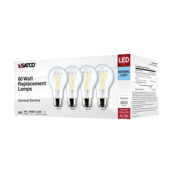 Satco S12465 8 Watt A19 LED - Clear - 5000K - Medium Base - 120 Volt - 4-Pack