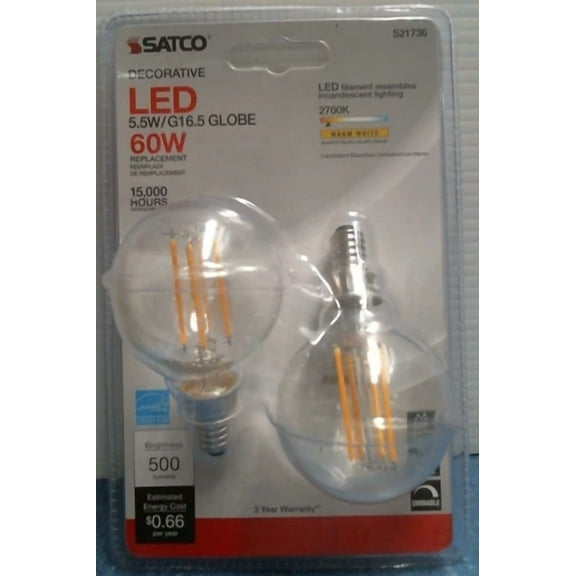 Satco Decorative Led 5.5W G16.5 Globe Light Bulbs 2 Pk (S21736) Fs