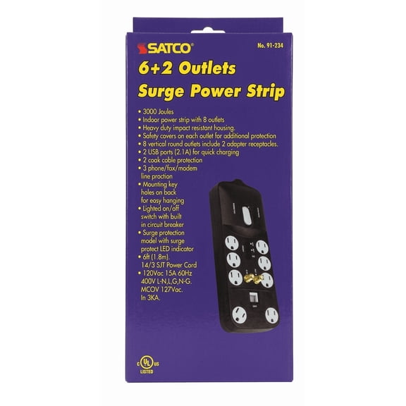 Satco 91/234 6+2 Outlets Surge Protector with 2 USB Ports, 2 Coax Cable Protection, 3 Phone/Fax/Modem Line Protection, 91-234