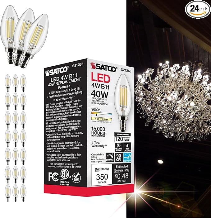 Satco  S21265 LED Light Bulbs 4W 120V  B11  E12 Candelabra Base 3000K Dimmable  (24 LED Light Bulbs)