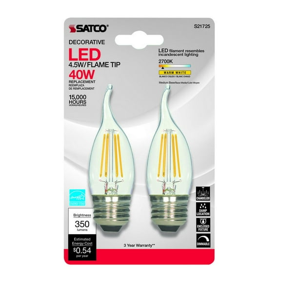 Satco 21725 - 4.5W CA10 LED Clear Medium base 2700K 120V Carded Decorative Chandelier Antique Filament LED Light Bulb