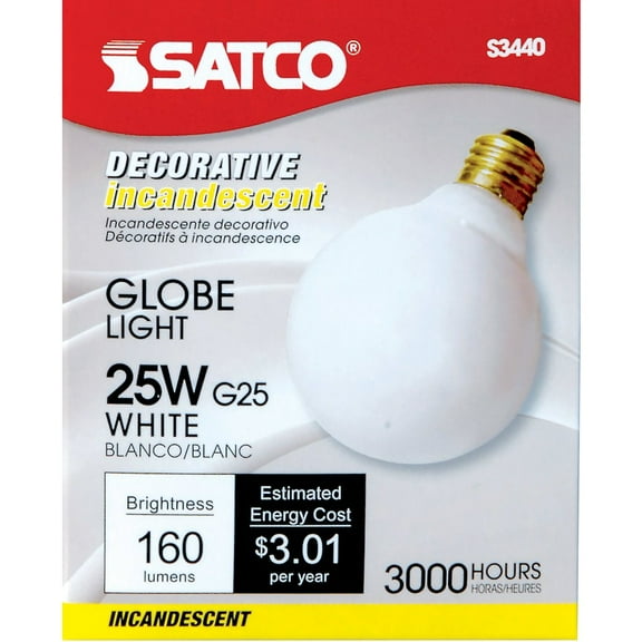 Satco Products S3440 25W Medium Base Globe Light, White