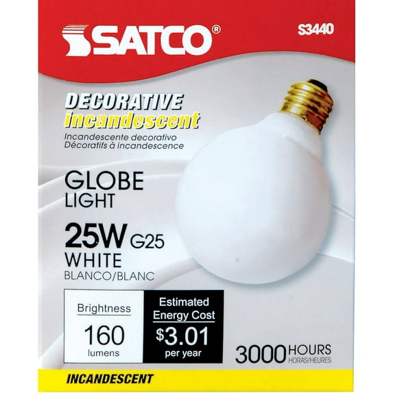 Satco Products S3440 25W Medium Base Globe Light, White