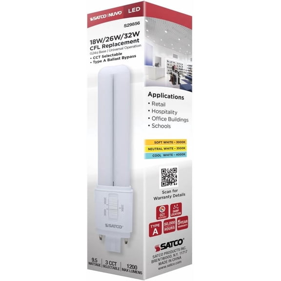 Satco S 29856 LED PL Light Bulb 9.5W CCT Select 3000K/3500K/4000K CFL Replacement 1200 Lumen G24q 4-Pin Base Dimmable (1 Pack)