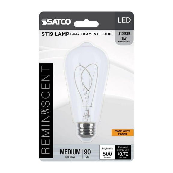 Satco S10525 Reminiscent LED Flex Gray Loop Filament ST19 Light Bulb 6W 120V 2700K E26 Medium Base Dimmable (1 Bulb)