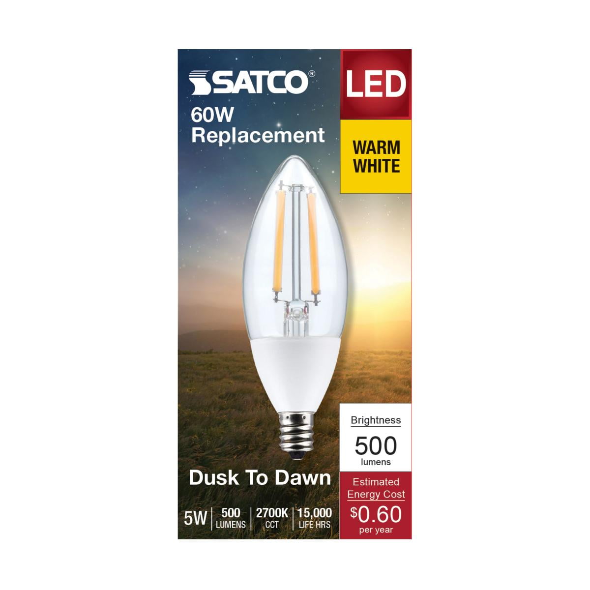 Satco S11477 Dusk to Dawn B11 Candle LED Light Bulbs 2700K E12 Candelabra Base 5W 120V (12 Pack)