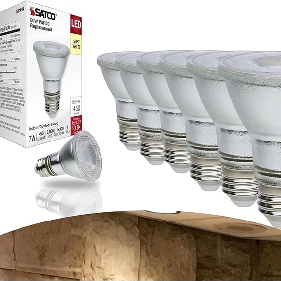 Satco S11494 7 Watt LED PAR20 Light Bulb; 3000K Soft White; 35 Degree Beam Angle; E26 Medium Base; 120-277 Volt; Silver Finish Wet Location (6 Pack)