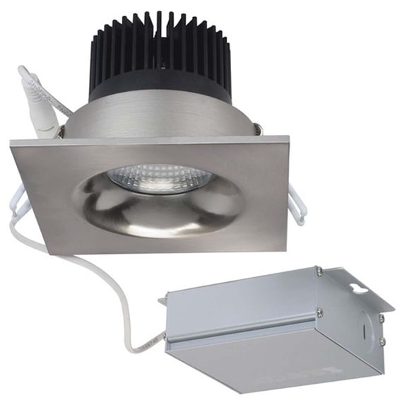 Satco S11635 12 watt LED Direct Wire Downlight; 3.5 inch; 3000K; 120 volt; Dimmable; Square; Remote Driver; Brushed Nickel