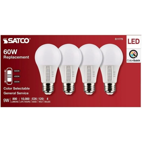 Satco A19 LED Light Bulb - 9 Watt, Medium Base, CCT Selectable, 90 CRI - 4 Pack, White