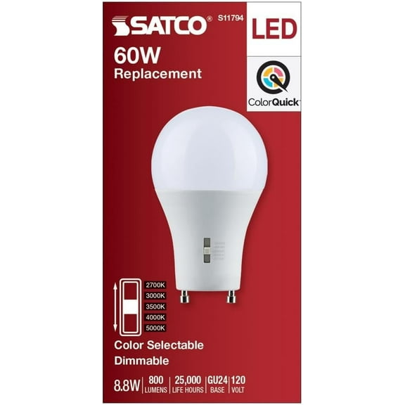 Satco LED A19 GU24 Base 8.8W CCT Selectable Bulb - Bi Pin, Dimmable, 4.29" x 2.36"