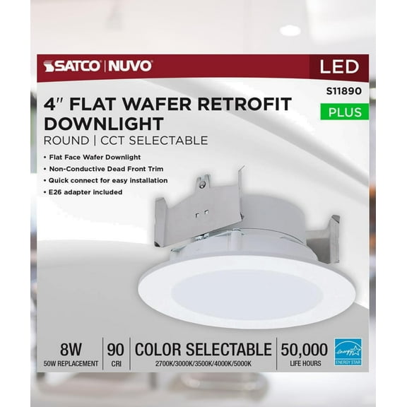 Satco S11890 8 Watt 4-Inch LED Downlight Retrofit Flat Wafer Round Matte White Finish CCT Selectable 2700K 3000K 3500K 4000K 5000K Energy Efficient Recessed Fixture