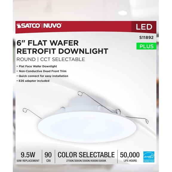 Satco S11892 10 Watt 6-Inch LED Downlight Retrofit Flat Wafer Round Matte White Finish CCT Selectable 2700K 3000K 3500K 4000K 5000K Energy Efficient Recessed Fixture