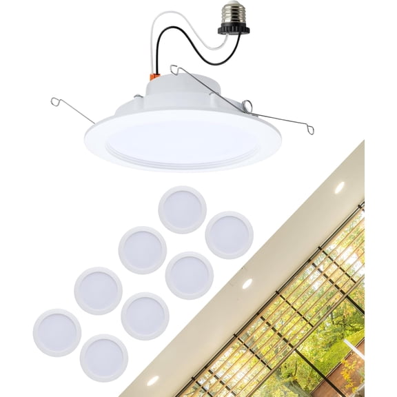 Satco S11893 10 Watt 6-Inch LED Downlight Retrofit Regressed Wafer Round Matte White Finish CCT Selectable 2700K 3000K 3500K 4000K 5000K Energy Efficient Recessed Fixture (8 Pack)