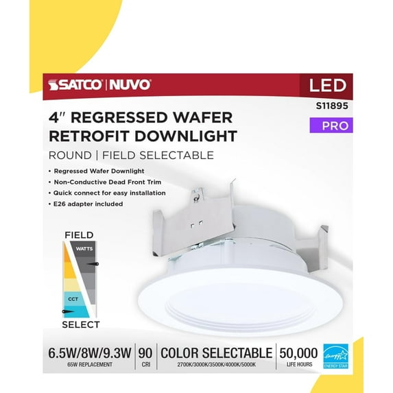 Satco S11895 9W LED 4-Inch Downlight Retrofit CCT Selectable 2700K–5000K 600–900 Lumens Regressed Wafer Round Matte White IC Air Tight Energy Star Wet Rated