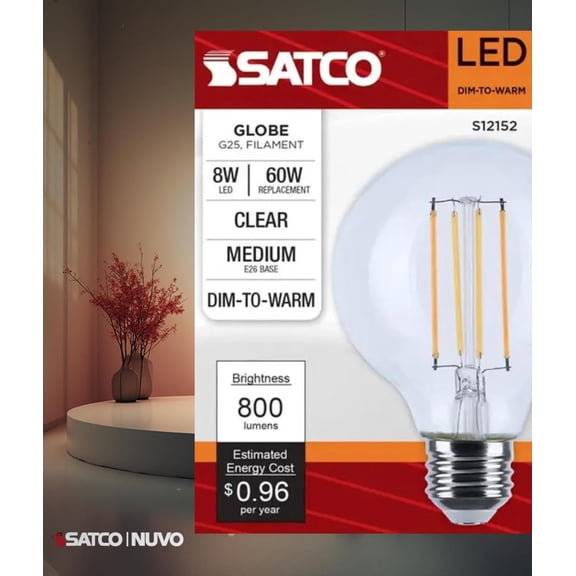 Satco S12152 LED G25 Light Bulb 8W 120V Warm Dimming 3000K-2000K 800 Lumen E26 Medium Base (1 Pack)