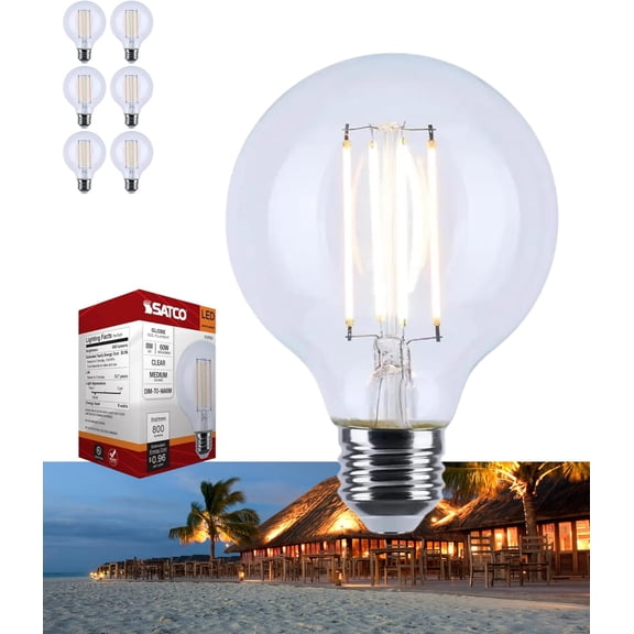 Satco S12152 LED G25 Light Bulb 8W 120V Warm Dimming 3000K-2000K 800 Lumen E26 Medium Base (6 Pack)