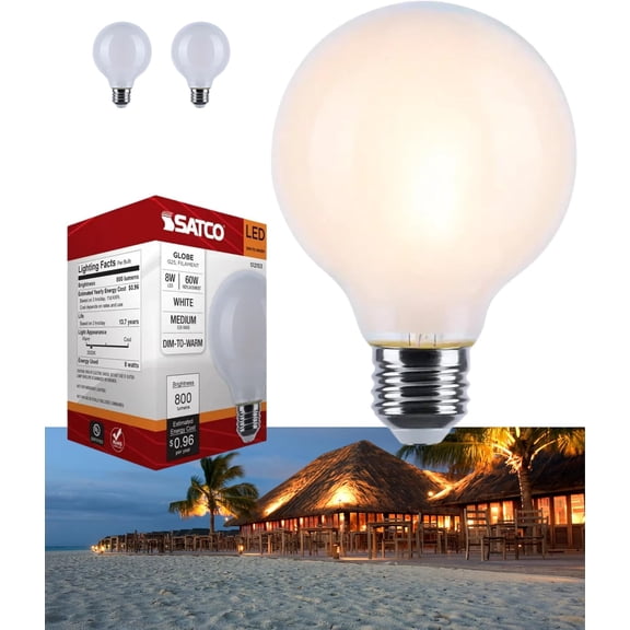 Satco S12153 8W LED G25 Globe Bulb, Warm Dimming 3000K-2000K, 800 Lumens, 90 CRI, 60W Replacement, White Globe, E26 Medium Base, Enclosed Fixture Rated, Dimmable, 120 Volt (2 Pack)