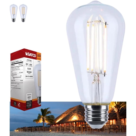 Satco S12154 8W LED ST19 Bulbs (Pack of 2), Warm Dimming 3000K-2000K, 800 Lumens, 90 CRI, 60W Replacement, Clear Glass, E26 Medium Base, Enclosed Fixture Rated, Dimmable, 120 Volt