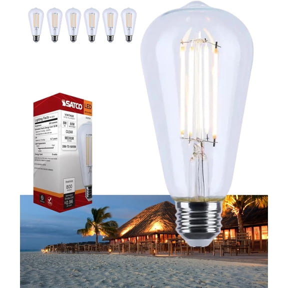 Satco S12154 LED ST19 Light Bulb 8W 120V Warm Dimming 3000K-2000K 800 Lumen E26 Medium Base (6 Pack)