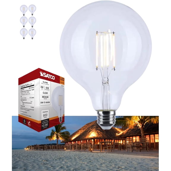 Satco S12155 LED G40 Globe Light Bulb 8W 120V  Warm Dimming 3000K-2000K 800 Lumen E26 Medium Base (6 Pack)