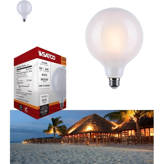Satco S12156 LED G40 Globe Light Bulb 8W 120V Warm Dimming 3000K-2000K White Finish 800 Lumen E26 Medium Base (1 Pack)