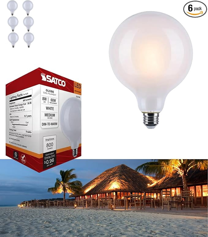 Satco S12156 LED G40 Globe Light Bulb 8W 120V  Warm Dimming 3000K-2000K White Finish 800 Lumen E26 Medium Base (6 Pack)
