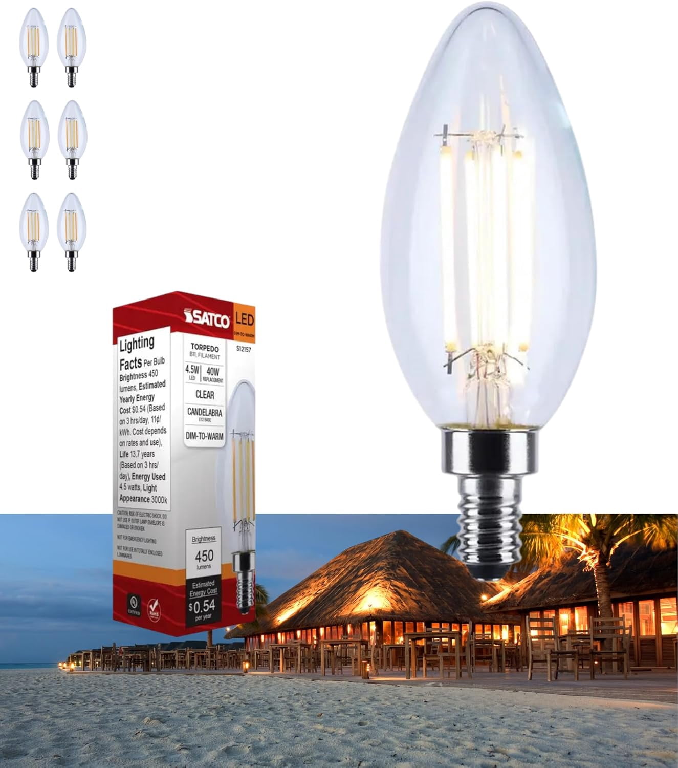 Satco S12157 LED B11 Light Bulbs 4.5W 120V 3000K E12 Candelabra Base Dimmable WET Location (6 Pack)