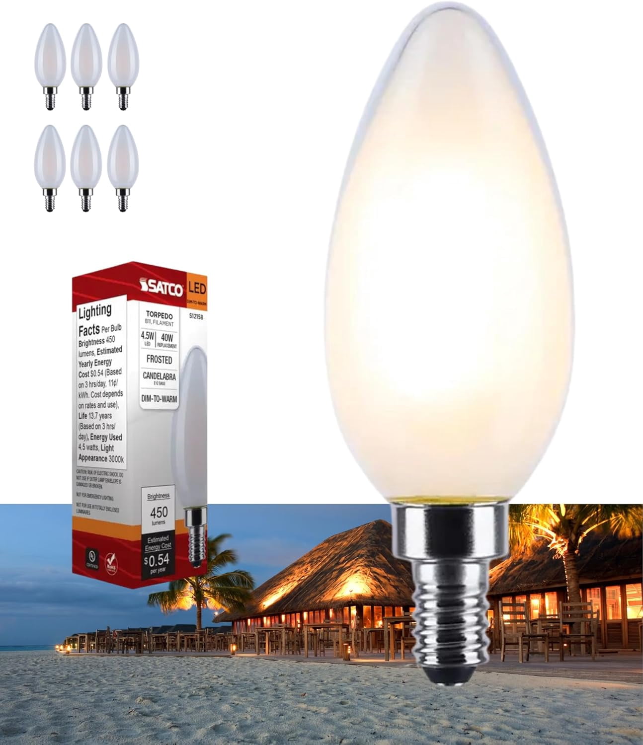 Satco S12158 LED B11 Light Bulbs 4.5W 120V 3000K Frosted Finish E12 Candelabra Base Dimmable WET Location (6 Pack)