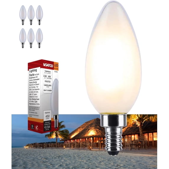 Satco S12158 LED B11 Light Bulbs 4.5W 120V 3000K Frosted Finish E12 Candelabra Base Dimmable WET Location (6 Pack)