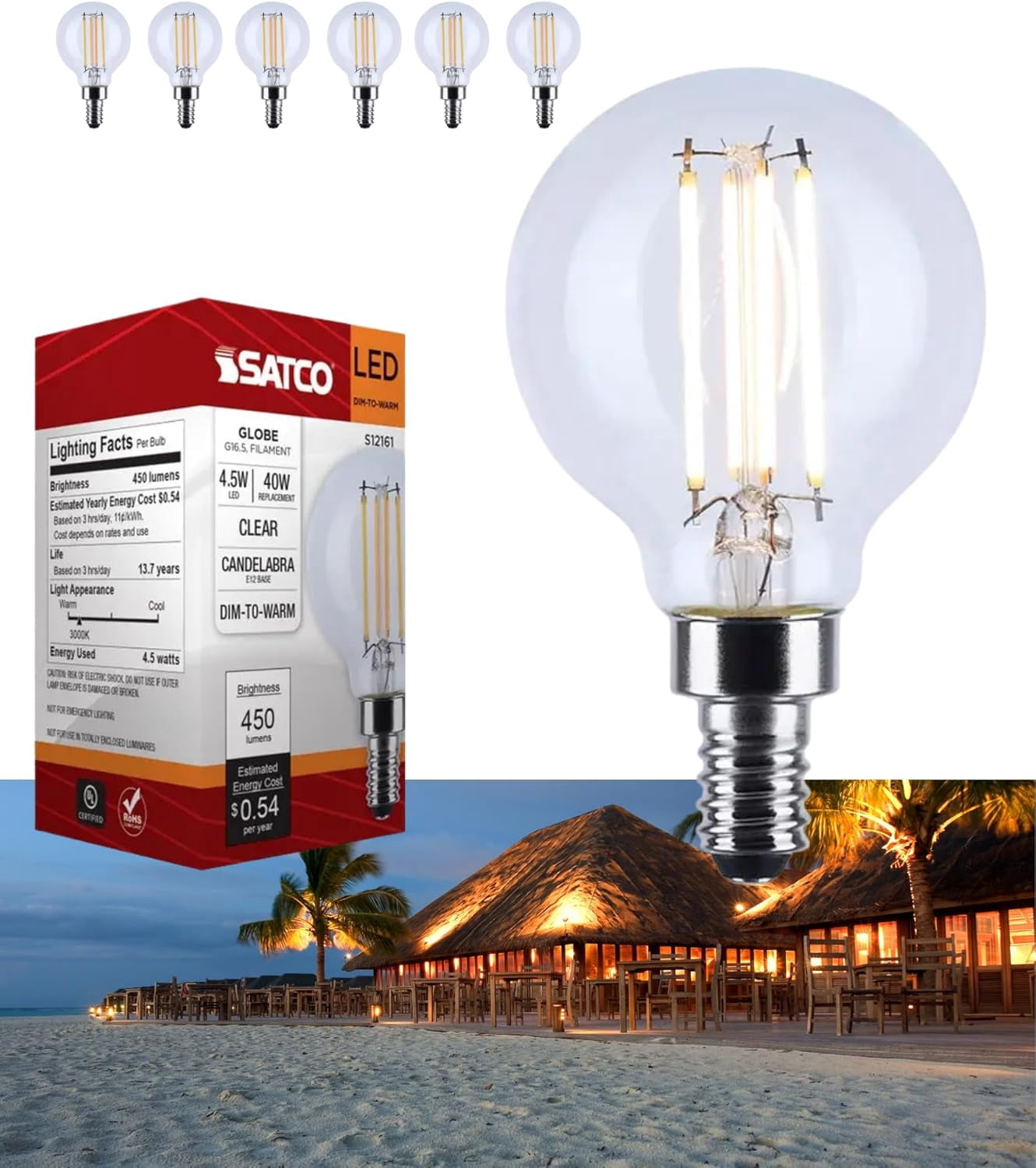 Satco S12161 G16.5 Globe LED Filament Light Bulbs 4.5W 120V 3000K 90+CRI E12 Candelabra Base Dimmable WET Location (6 Pack)