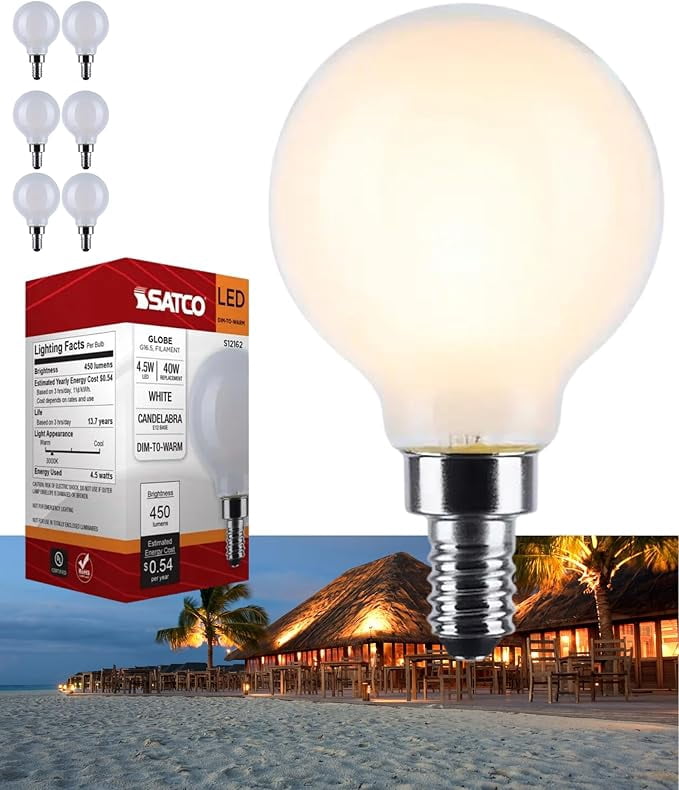 Satco S12162 G16.5 Globe LED Filament Light Bulbs 4.5W 120V 3000K 90 CRI E12 Candelabra Base Frosted Dimmable WET Location (6 Pack)